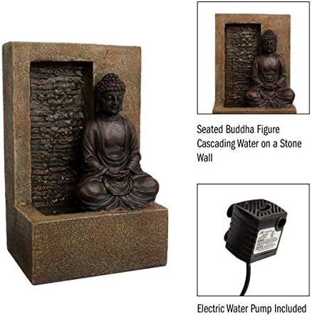 Pure Garden Tabletop Water Fountain - Sitting Buddha Statue by Stone Wall Waterfall
