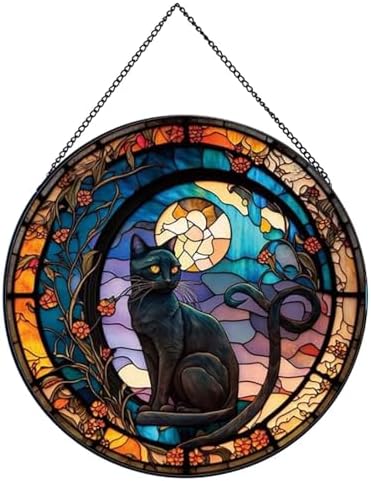 Black Cat Stained Glass Window Suncatcher Decor