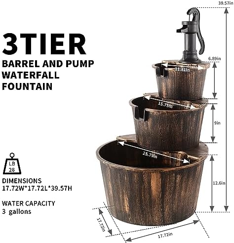 YI 40-Inch 3 Tier Barrel Waterfall Fountain Outdoor Rustic