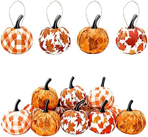 12 Pcs Fall Thanksgiving Hanging Pumpkin Ornament with Maple Leaf Gingham Fabric