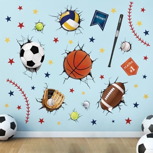3D Sports Balls Wall Decals Basketball Football Soccer Tennis Wall Stickers