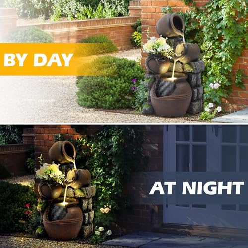 TITIMO Outdoor Water Fountain with Flower Pot and Lights