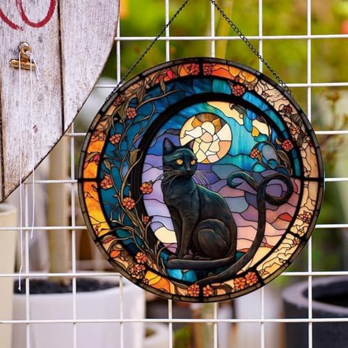Black Cat Stained Glass Window Suncatcher Decor