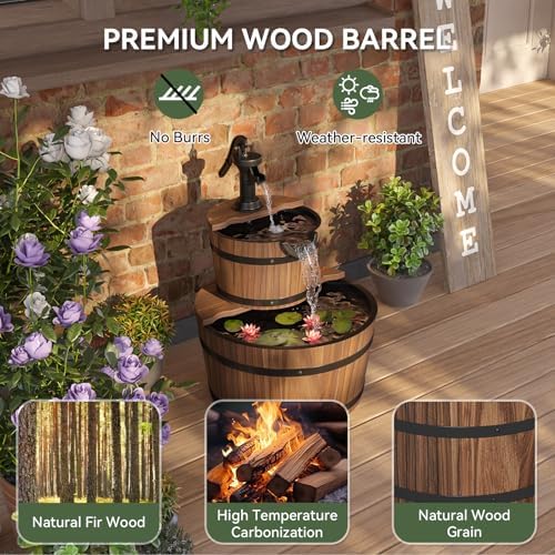 Aoxun 2-Tier Outdoor Water Fountain with Wood Barrel and Electric Pump