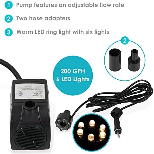 Sunnydaze 200 GPH Submersible Fountain Pump with LED Light and Transformer