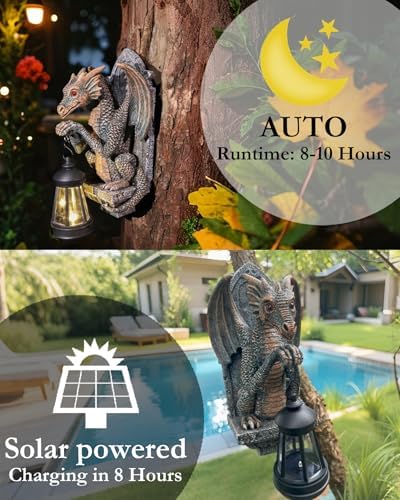 Dragon Statue Solar Lantern for Garden Decor Antique Bronze