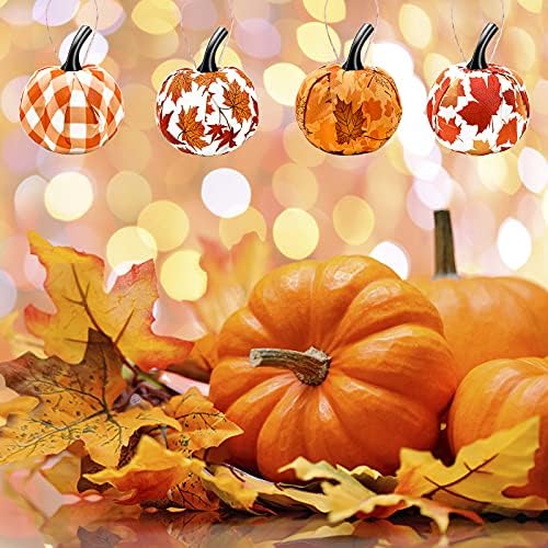 12 Pcs Fall Thanksgiving Hanging Pumpkin Ornament with Maple Leaf Gingham Fabric