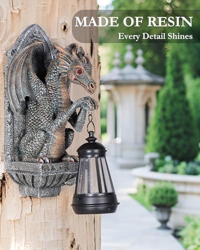 Dragon Statue Solar Lantern for Garden Decor Antique Bronze