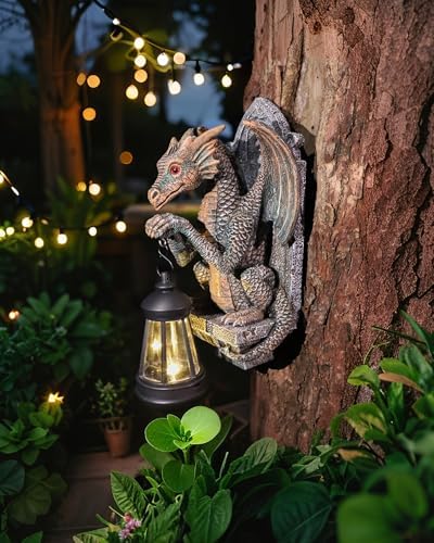 Dragon Statue Solar Lantern for Garden Decor Antique Bronze