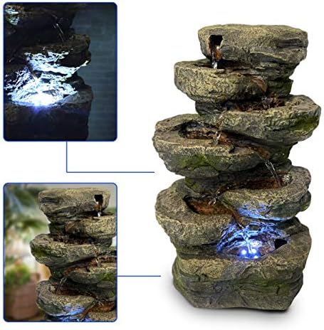 6-Tier Stone and Bark Tabletop Water Fountain with LED Lights