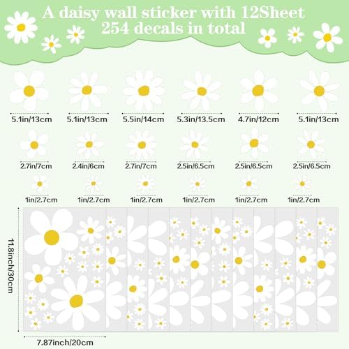 12 Sheets Daisy Wall Decals for Kids Room Decor