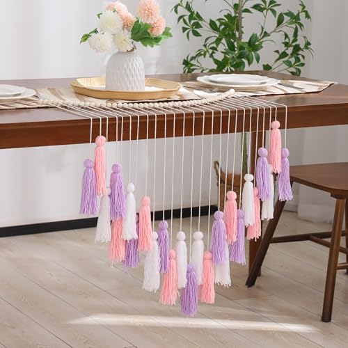 Boho Macrame Wall Hanging with Purple Pink Tassels and Wooden Beads