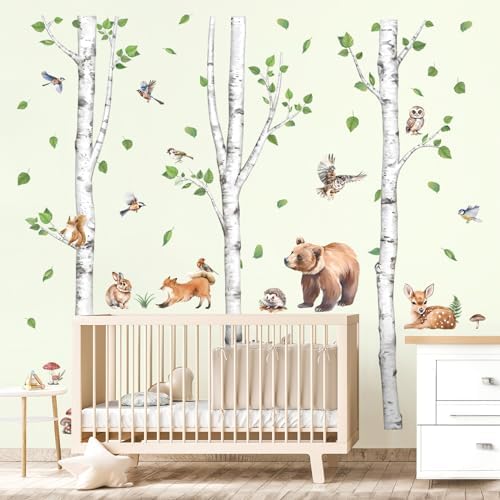 Wondever Large Birch Tree Animals Wall Stickers