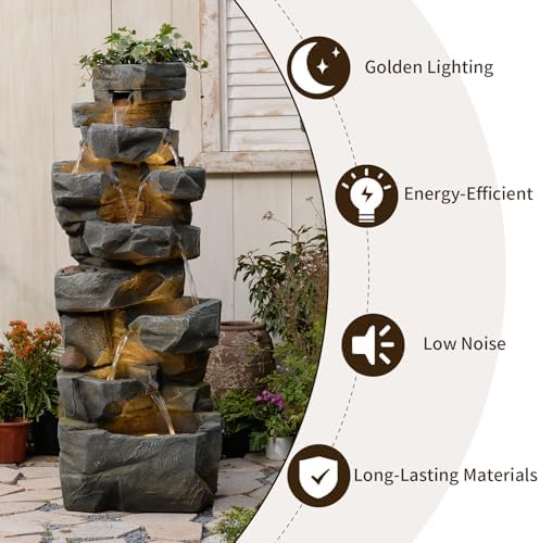 58 Inch Outdoor Garden Water Fountain with LED Lights and 6 Tiers