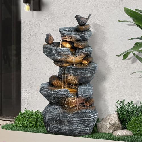 5-Tier Cascading Rock Water Fountain with LED Lights