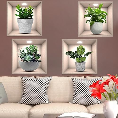 iMagitek 4 Pack 3D Green Plants Wall Stickers Botanical Decorations