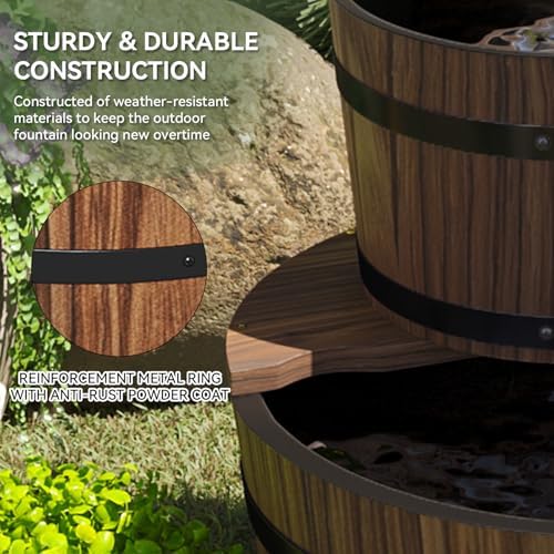Aoxun 2-Tier Outdoor Water Fountain with Wood Barrel and Electric Pump