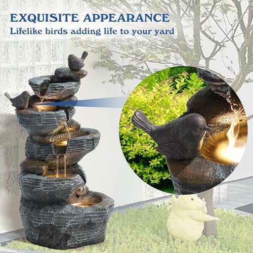 5-Tier Cascading Rock Water Fountain with LED Lights