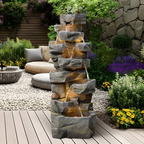 58 Inch Outdoor Garden Water Fountain with LED Lights and 6 Tiers