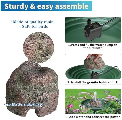 Tiancentral H Bird Bath Fountain with Resin Rock and 75W Pump