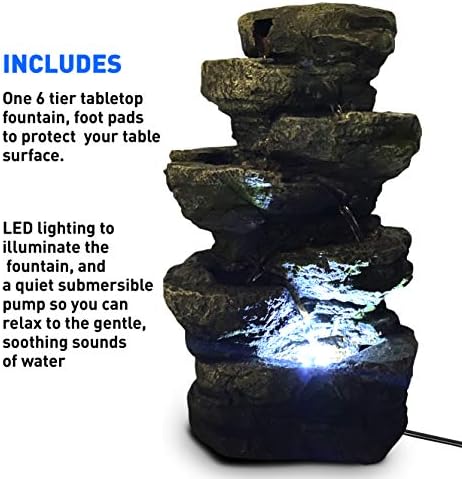6-Tier Stone and Bark Tabletop Water Fountain with LED Lights
