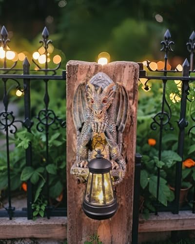Dragon Statue Solar Lantern for Garden Decor Antique Bronze