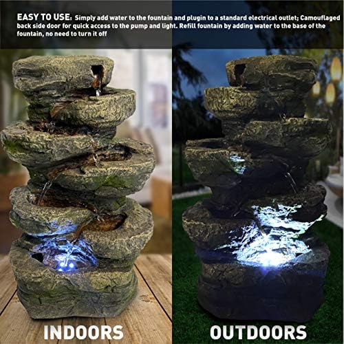 6-Tier Stone and Bark Tabletop Water Fountain with LED Lights