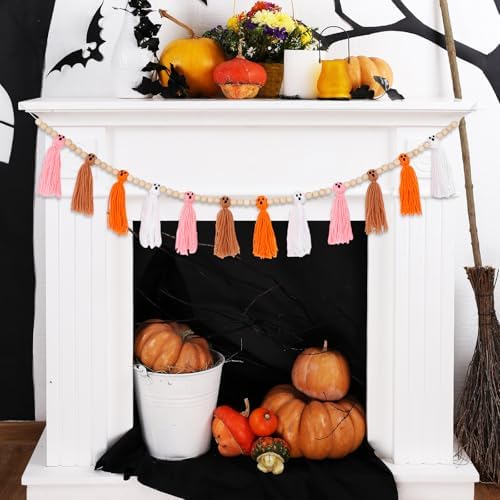 Whaline Halloween Ghost Garland Tassel with Wood Beads