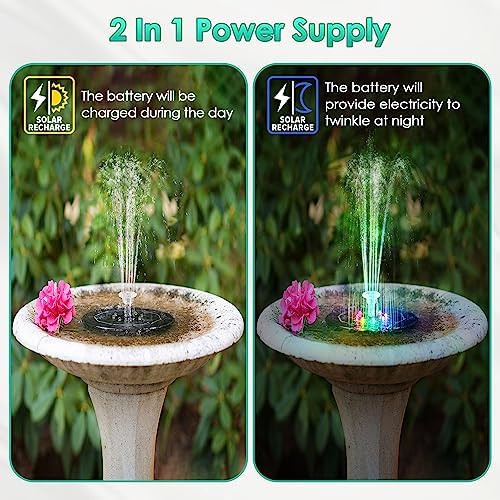 Saillong 2 Pack Solar and Battery Bird Bath Fountain Pump with LED Lights