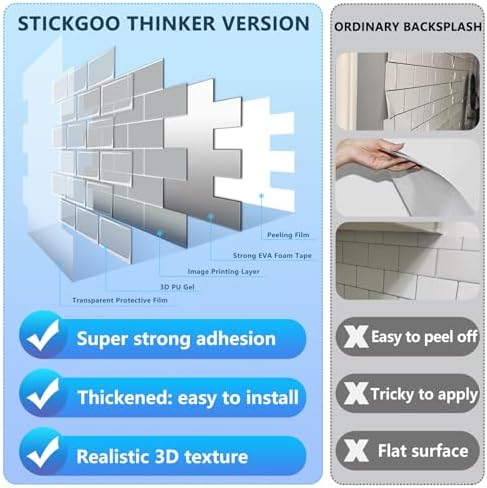 STICKGOO 10-Sheet Subway Tiles Self Adhesive Splashbacks Light Grey Thicker Design