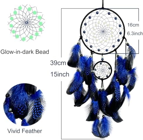 Blue and Black Dream Catcher Wall Decor with Luminous Beads