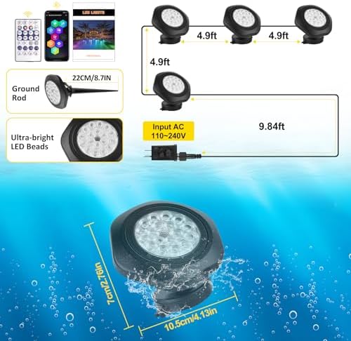 T-SUN Submersible Pond Light Set of 4 with RGB Bluetooth Control