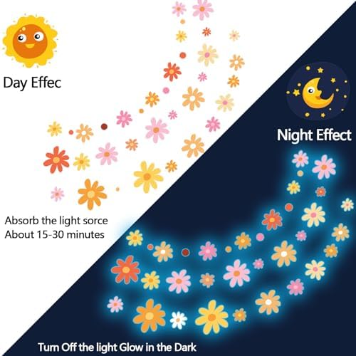 Glow in the Dark Daisy Wall Decals Set for Kids Room