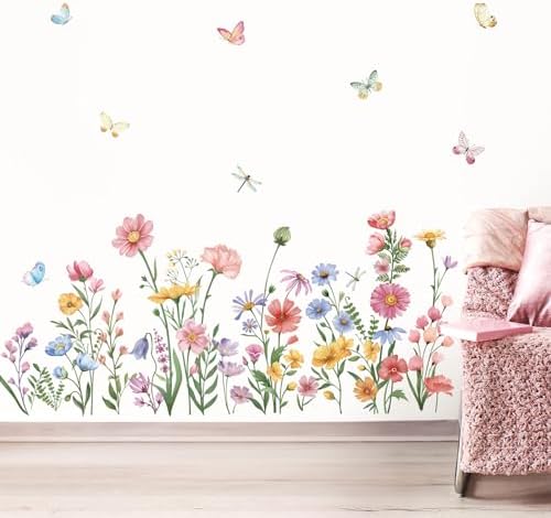 Wondever Pink Wildflower Wall Stickers for Bedroom and Living Room