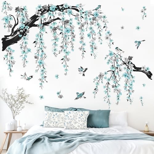 Wondever Large Blue Blossom Tree Branch Wall Stickers