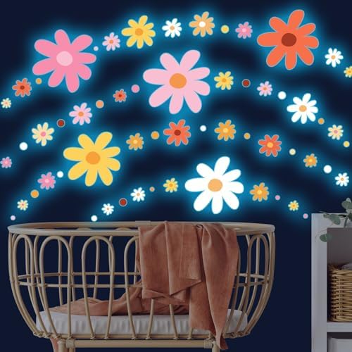 Glow in the Dark Daisy Wall Decals Set for Kids Room