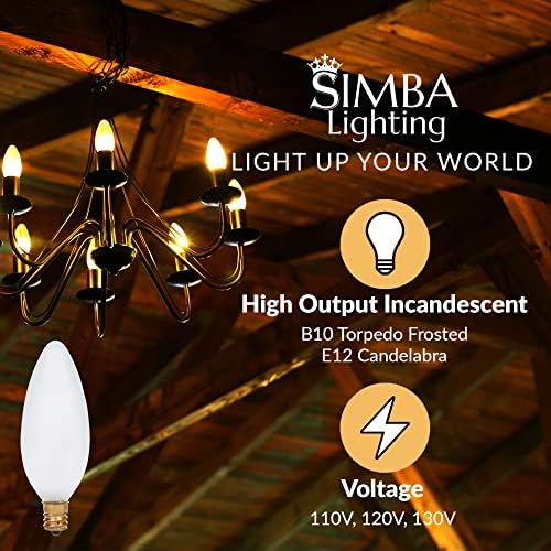 Simba Lighting Frosted B10 Candelabra Light Bulbs 40W E12 Base 12 Pack