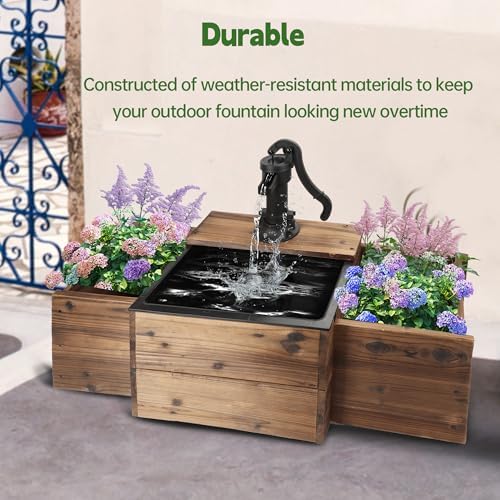 Outdoor Water Fountain with Wooden Base and Flower Box