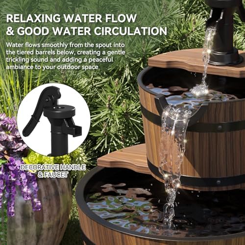 Aoxun 2-Tier Outdoor Water Fountain with Wood Barrel and Electric Pump