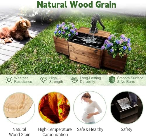 Outdoor Water Fountain with Wooden Base and Flower Box