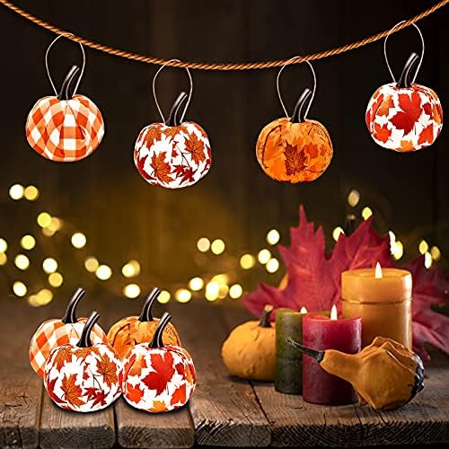 12 Pcs Fall Thanksgiving Hanging Pumpkin Ornament with Maple Leaf Gingham Fabric