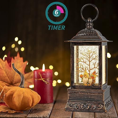 Fall Snow Globe Gnome Lantern with Glitter Light