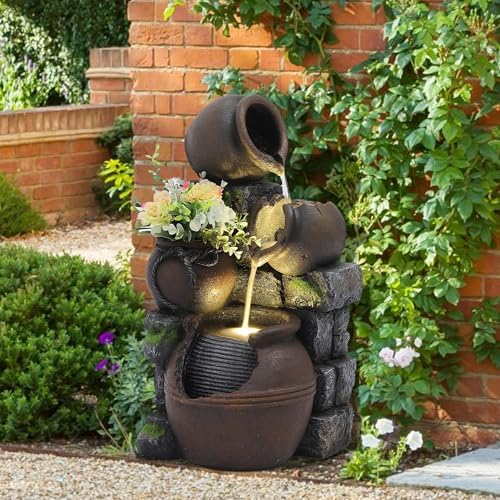 TITIMO Outdoor Water Fountain with Flower Pot and Lights
