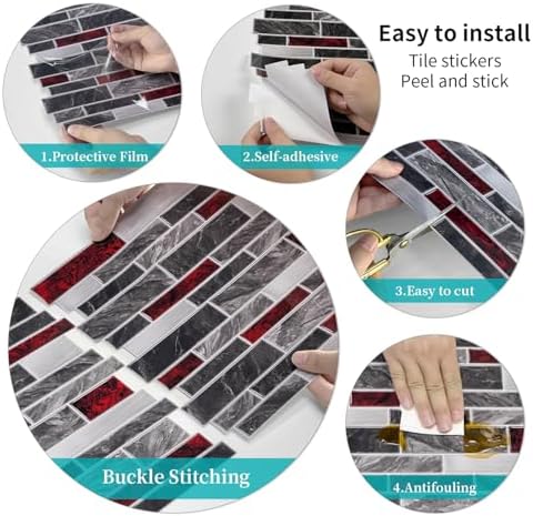 Alwayspon 10 Sheets Black and Red Marble Vinyl Wall Tiles Peel and Stick