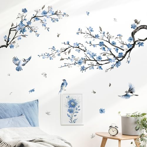 Decalmile Watercolor Blue Flower Branch Wall Decals
