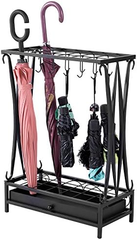 MyGift Modern Black Metal Umbrella Rack with 21 Slots and 12 Hooks