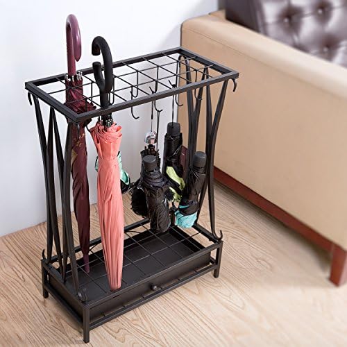 MyGift Modern Black Metal Umbrella Rack with 21 Slots and 12 Hooks