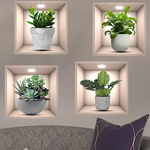 iMagitek 4 Pack 3D Green Plants Wall Stickers Botanical Decorations