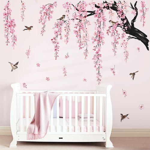 Wondever Pink Cherry Blossom Wall Sticker Tree Branch Art Decal