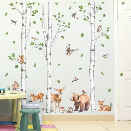 Wondever Large Birch Tree Animals Wall Stickers
